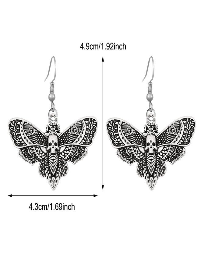 Kawailay 2 Pairs Gothic Moth Earrings Vintage Moth Butterfly Dangle Earrings Punk Rock Hip Hop Skull Drop Earrings for Women - Silver and Black - Image 2